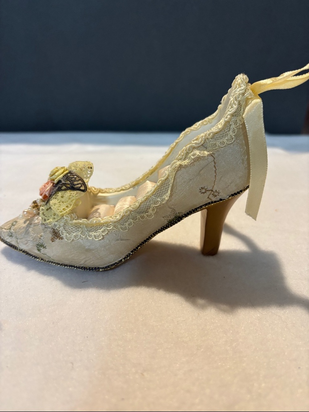 Elegant Cream Lace Heeled Pump ring holder with Ribbon and Floral Accent